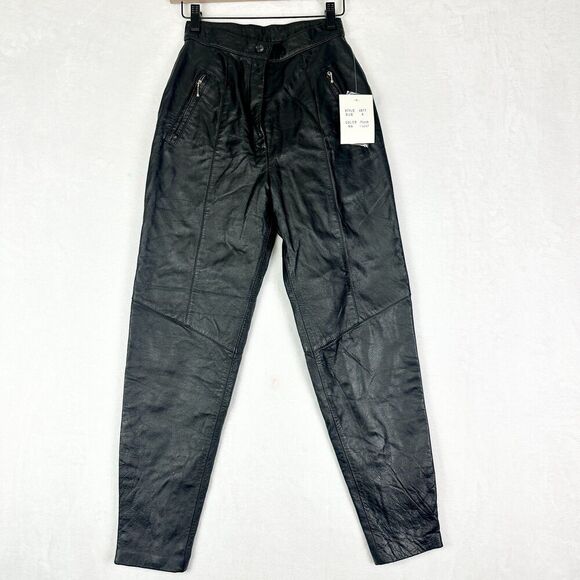 Vintage Pants - Vintage Lew Magram Leather Pants Deadstock Size 24 NEW Black Biker Lined
